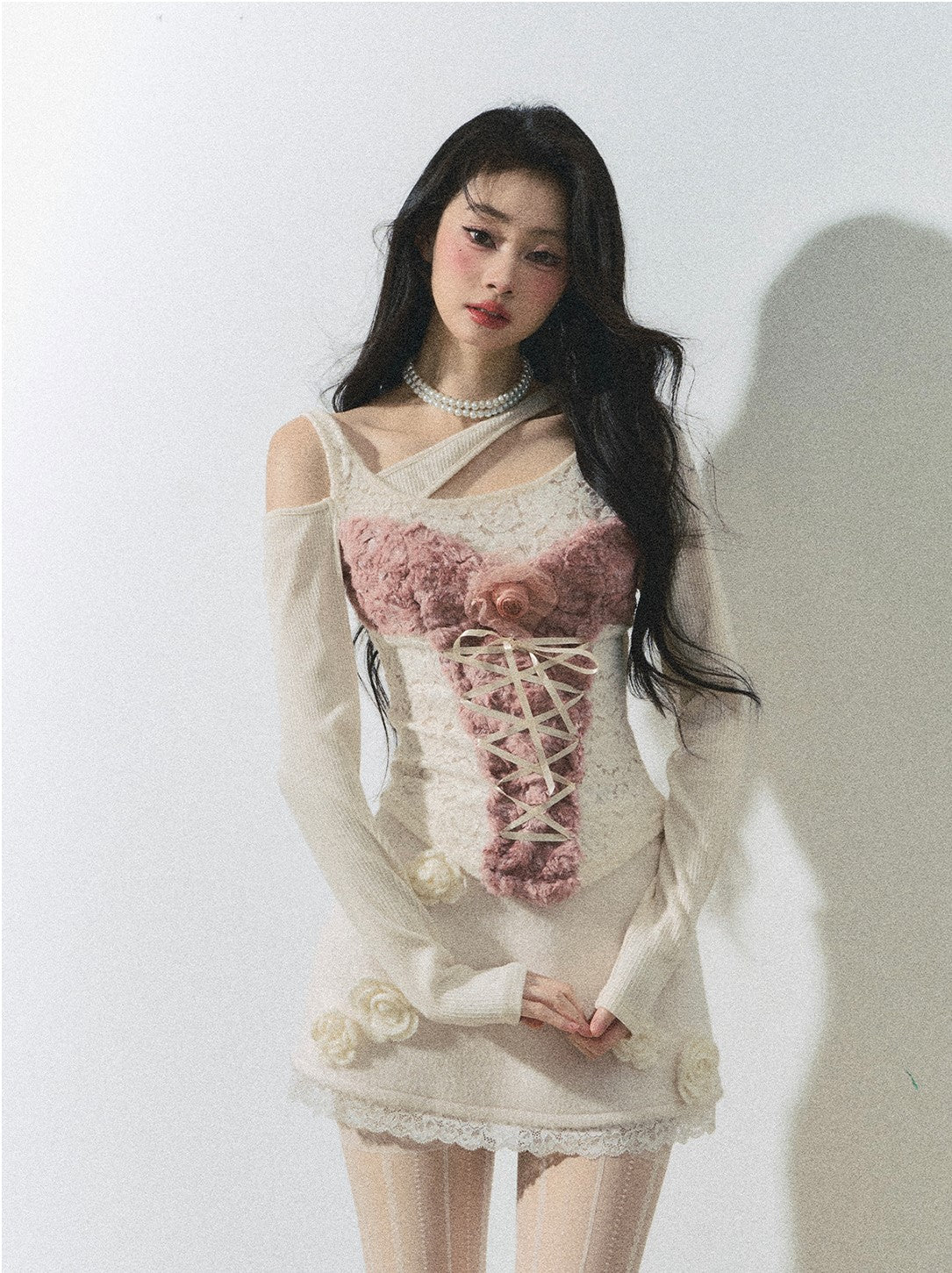 Rose Lace Long Sleeve Slimming Off-shoulder Knitted Sweater DIA0257