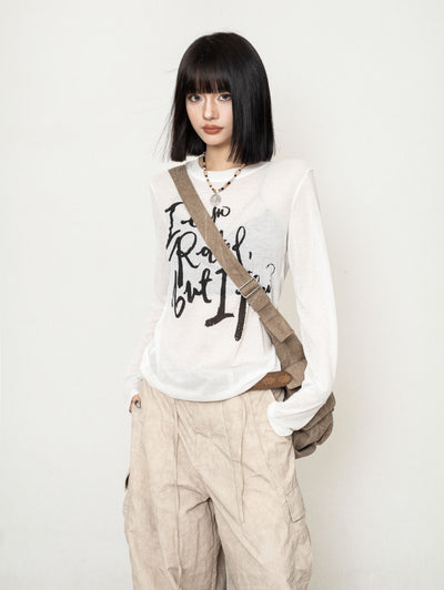 Lazy Style Letter Pullover Mesh Long Sleeves T-shirt ZER0232