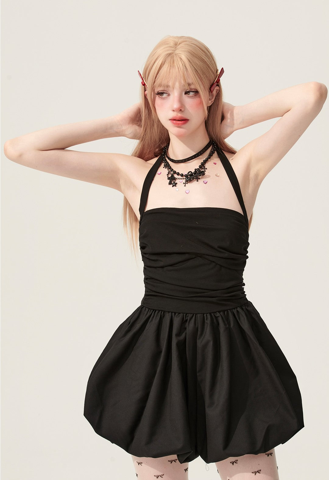 Black Halter Neck Puffy Short Dress DIA0166