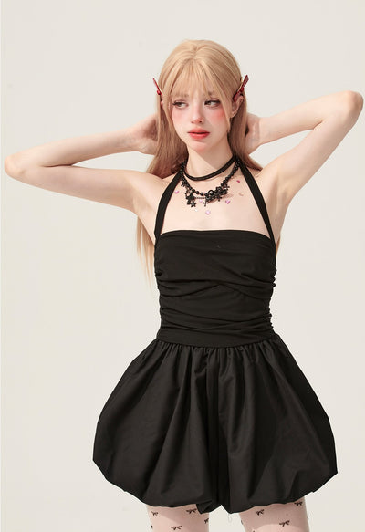 Black Halter Neck Puffy Short Dress DIA0166