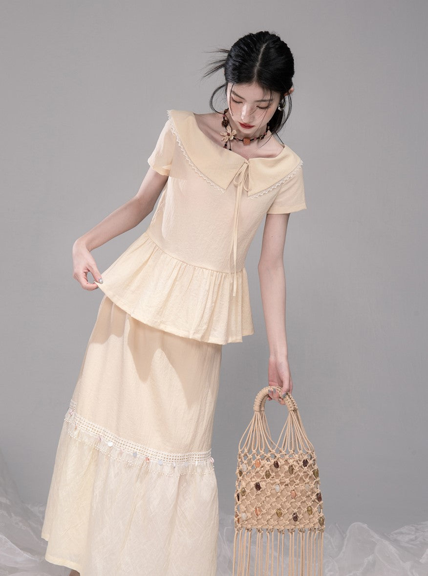 Cream Lapel Short Sleeve Top/Skirt COT0324