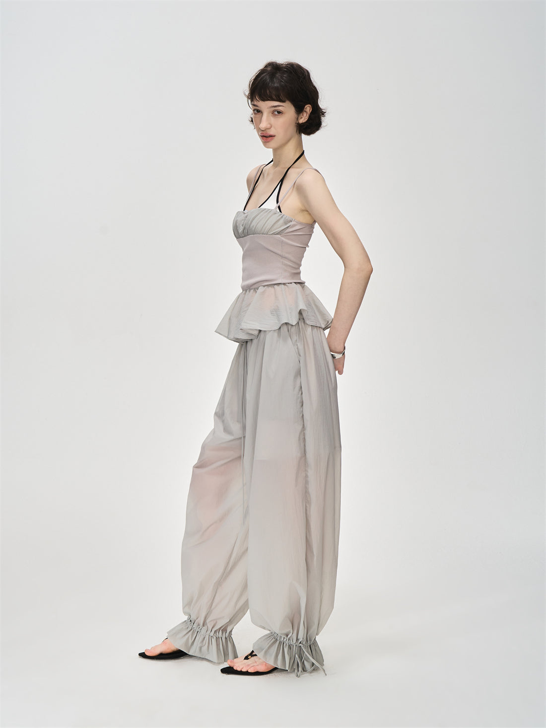 Translucent Pleated Loose Drawstring Pants CUR0231