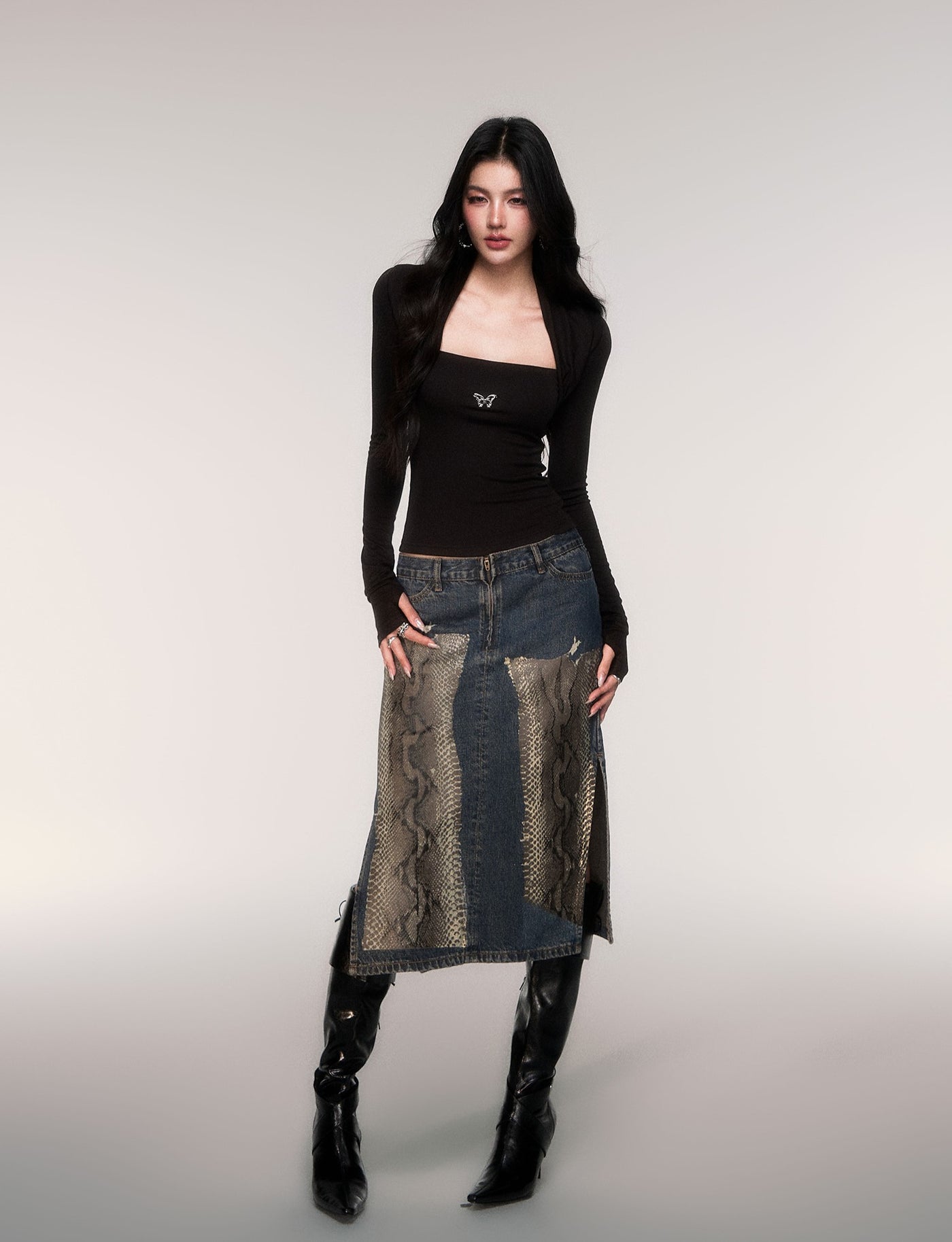 Python Print Straight-Line Denim Skirt LUL0209