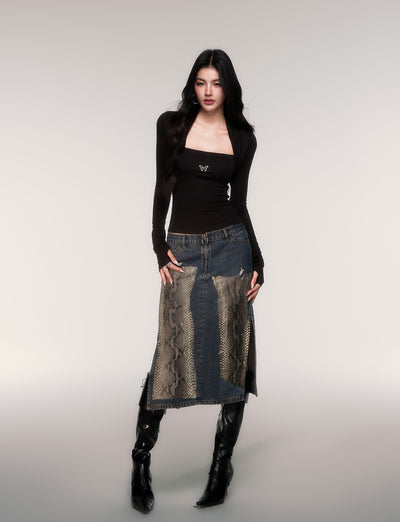Python Print Straight-Line Denim Skirt LUL0209