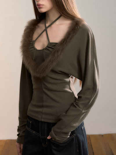Faux Two-piece Fur Collar T-shirt VIA0359