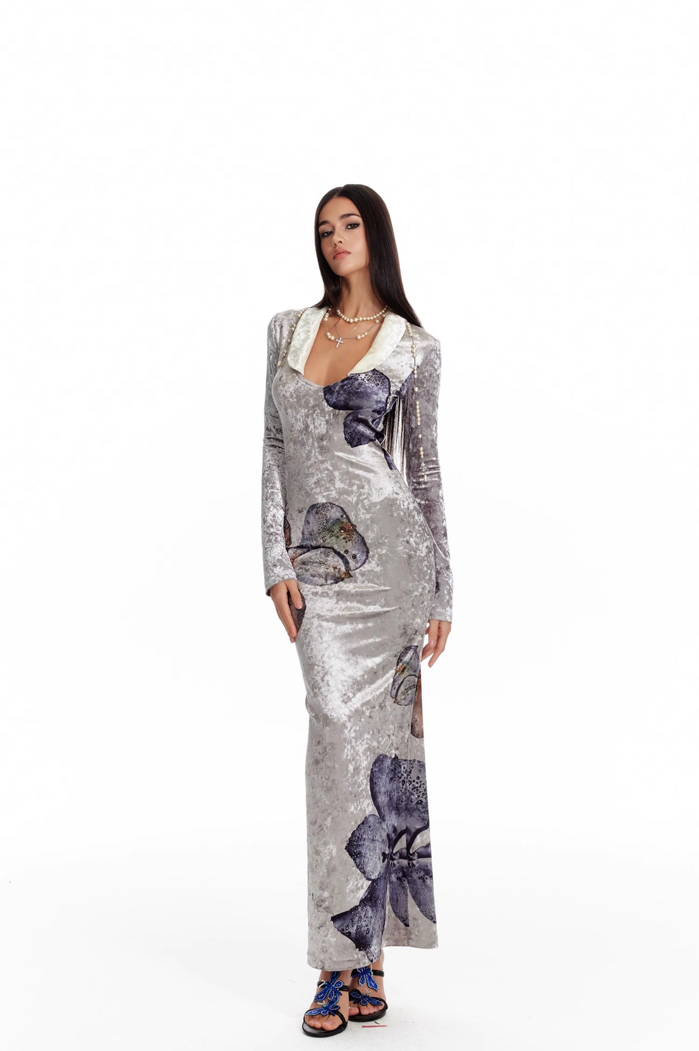 Orchid Print Velvet Fishtail Dress 4MU0085