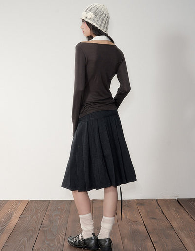 Dark Grey Preppy Style Pleated Skirt SOO0020