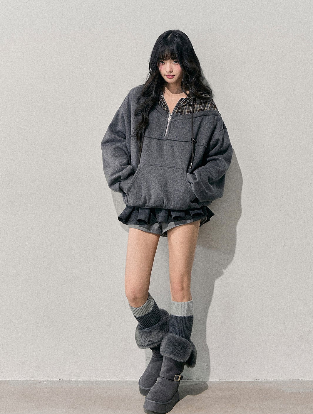 Faux Two-Piece Plaid Hooded Sweatshirt DIA0760