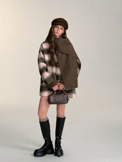 Double-sided With Scarf Retro Casual Plaid Short Woolen Coat QDQ0083