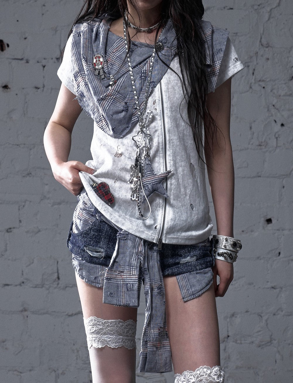 Punk Plaid Scarf Fake Two-piece T-shirt NOR0183