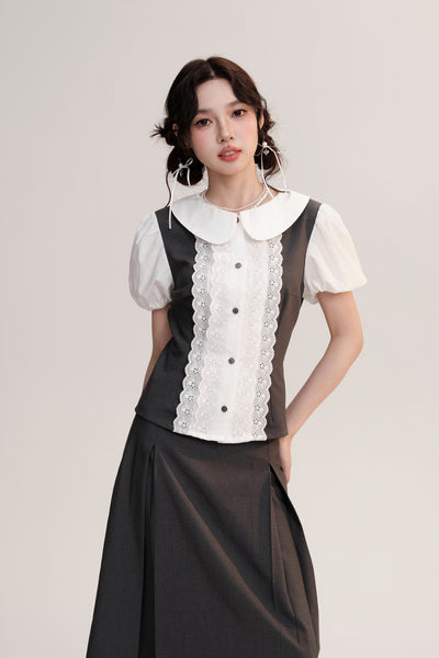 Romantic Garden Splicing Lace Shirt/Gray Skirt AOO0008