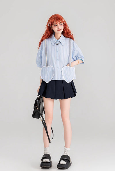 Blue Striped Heart-Shaped Pocket Short-Sleeved Shirt/Skirt KEI0087