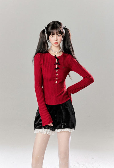 Hollow Long Sleeve Round Neck Bow Knitted Sweater/Skirt TBI0051