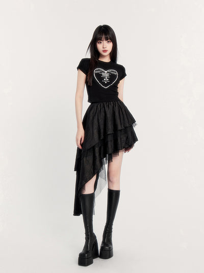 Micro-elastic Dark Rhinestone Heart Printed Short Sleeve T-shirt VOC0238