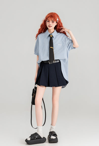 Blue Plaid Short-sleeved Shirt/Pleated Skirt/Black Tie KEI0091