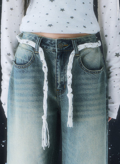 Retro Star Lace-up Washed Straight Leg Jeans WEE0112