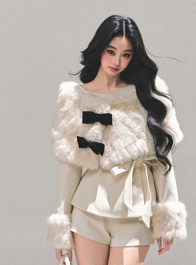 Detachable Cuffs Quilted Jacket/Ribbon Shawl/Shorts DIA0729