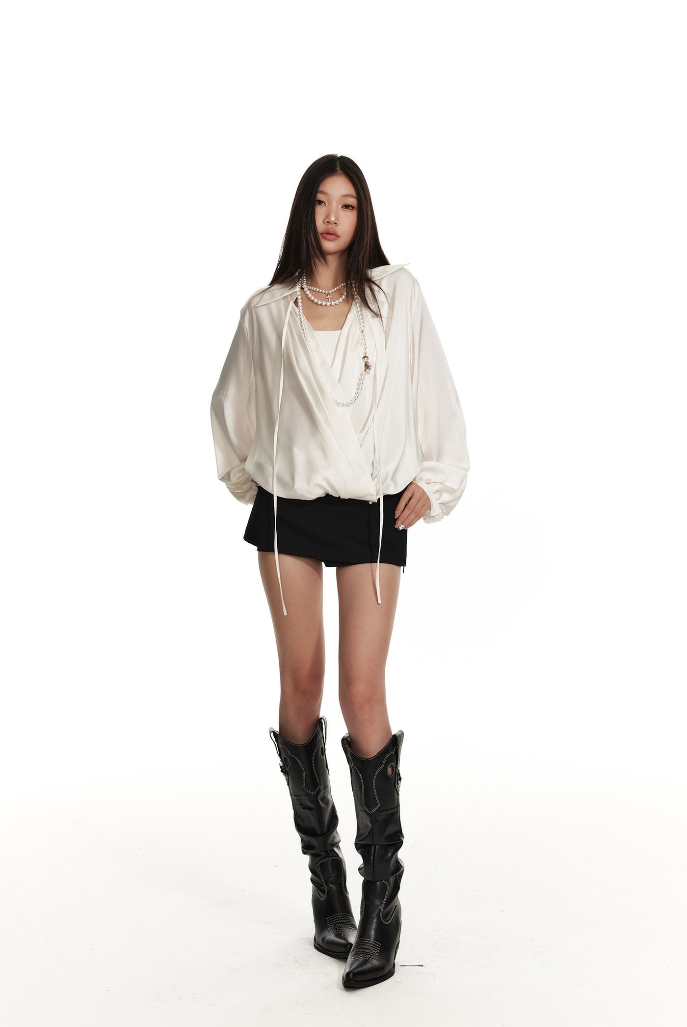 Lantern Sleeve Oblique Collar Loose Pleated Large Shirt 4MU0061