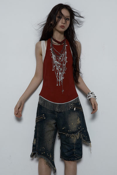 Punk Print Chain Fake Two-piece Contrast Color Camisole NOR0075