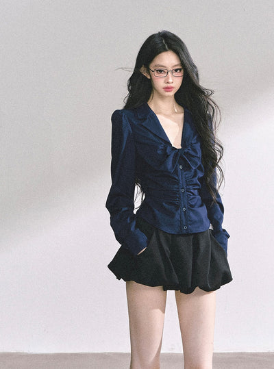Bow Pleated Slim Shirt DIA0537