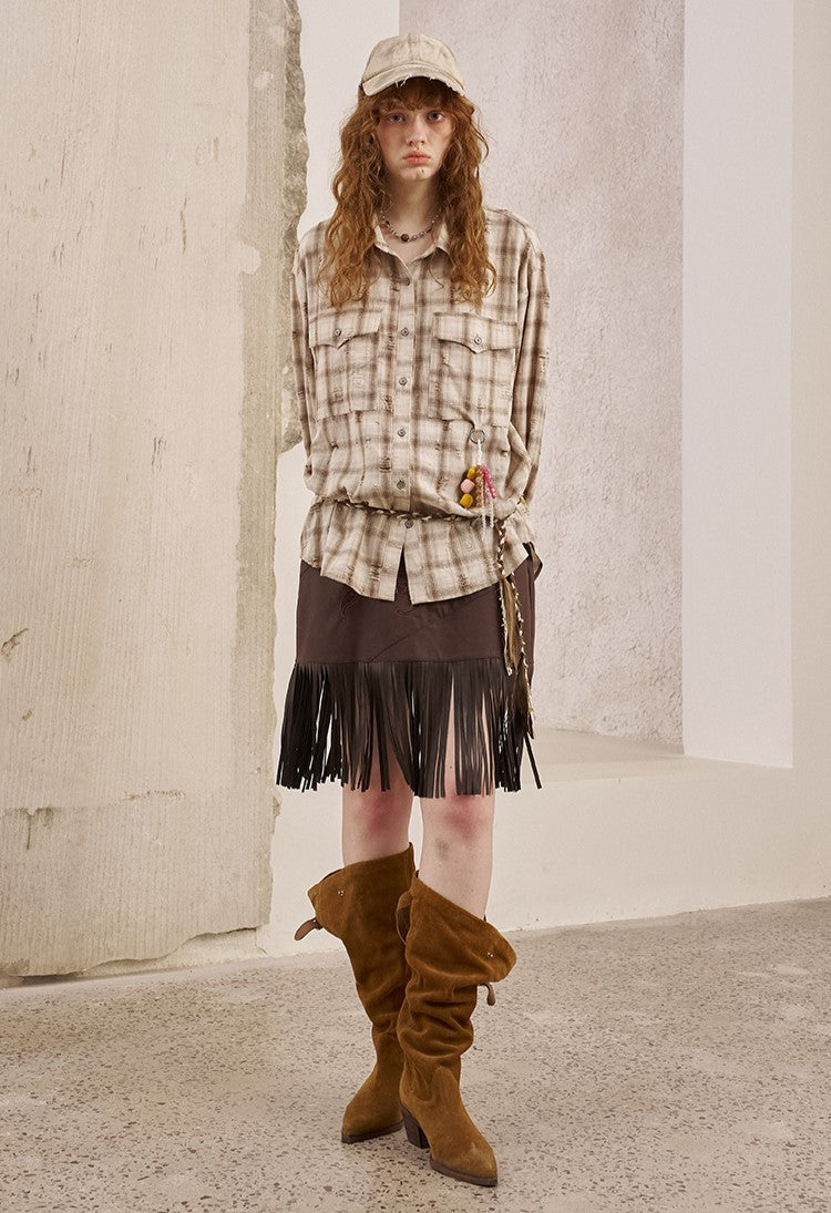 Flower Embroidered Tassel Leather Skirt DID0239