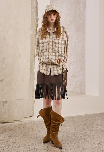 Flower Embroidered Tassel Leather Skirt DID0239