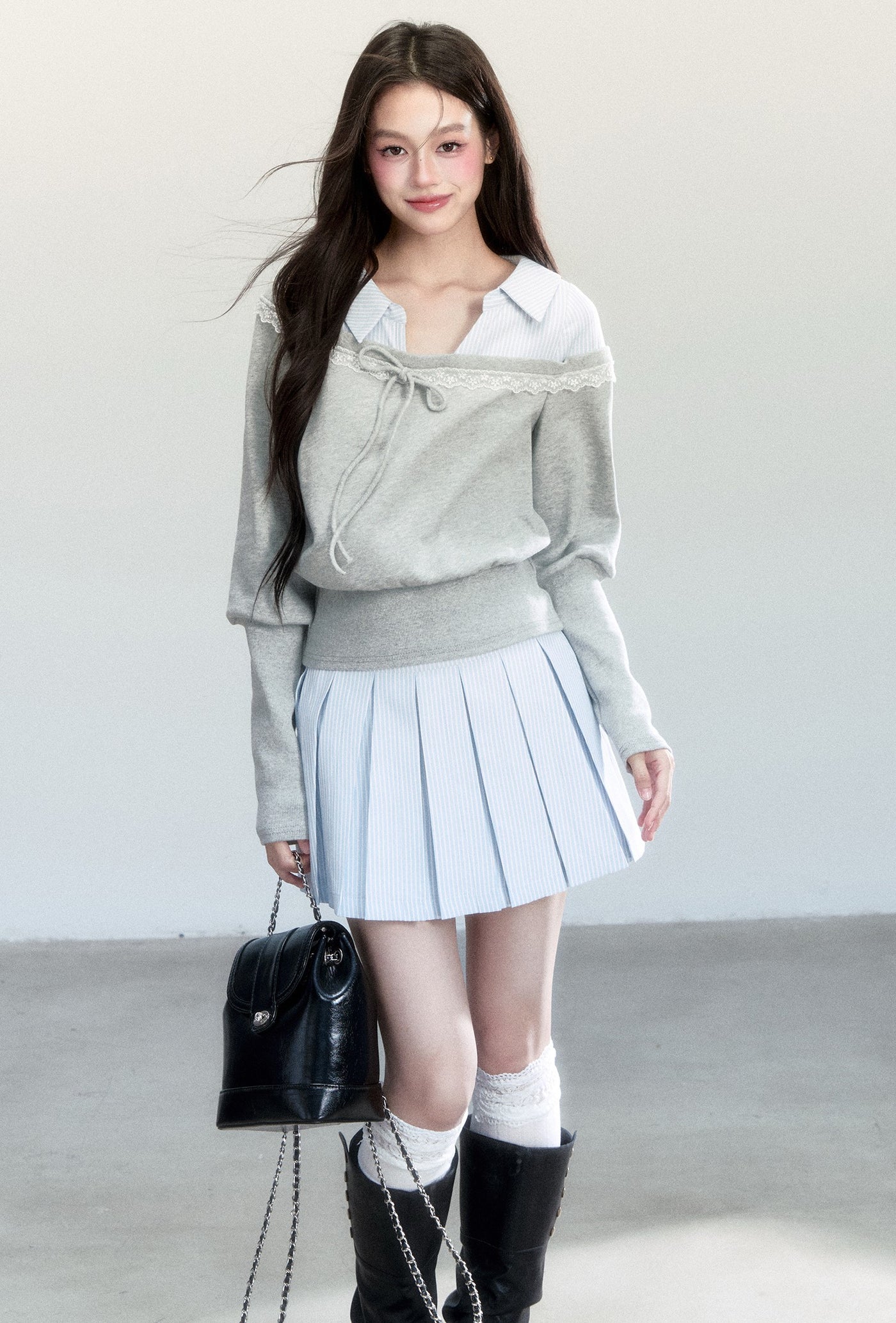 Fake Two-piece Sweatshirt/Stripe Pleated Skirt FRA0440