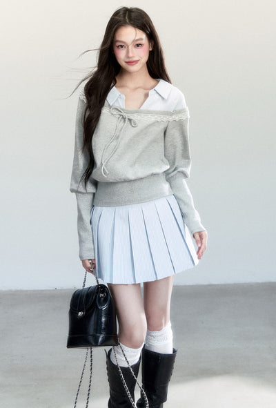 Fake Two-piece Sweatshirt/Stripe Pleated Skirt FRA0440