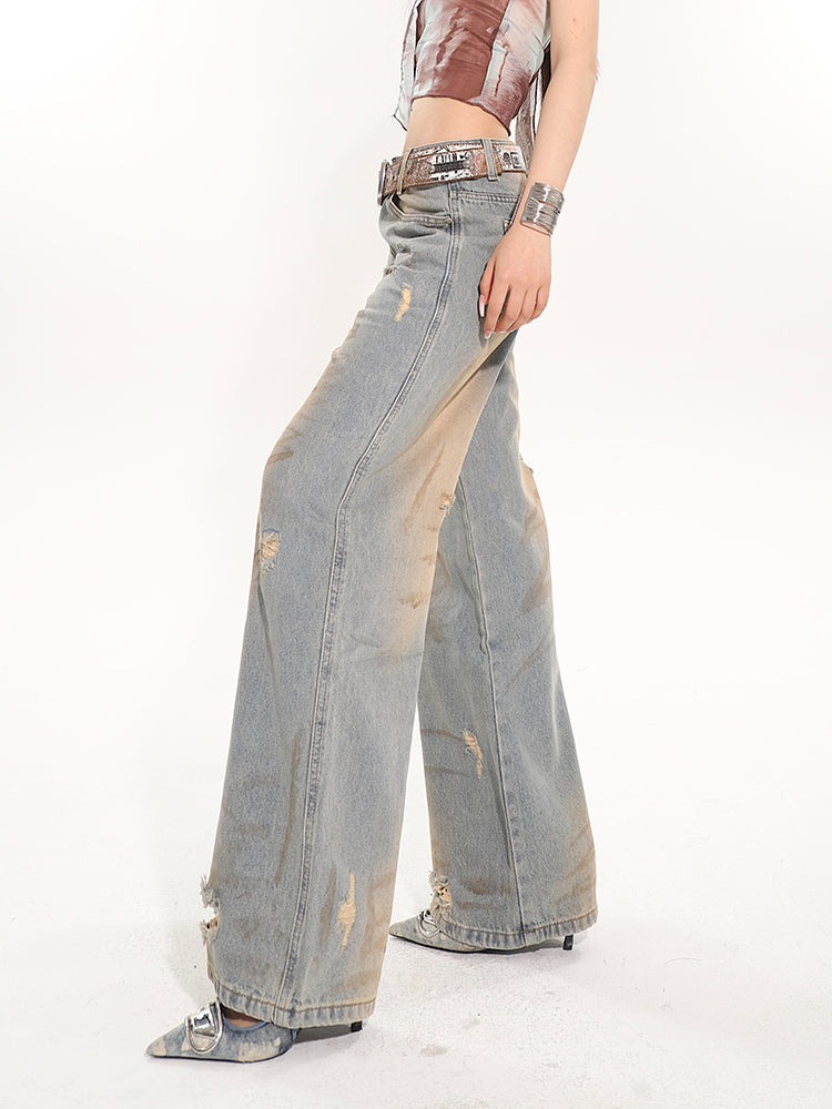 Ripped Vintage Washed Distressed Straight Jeans UNC0077