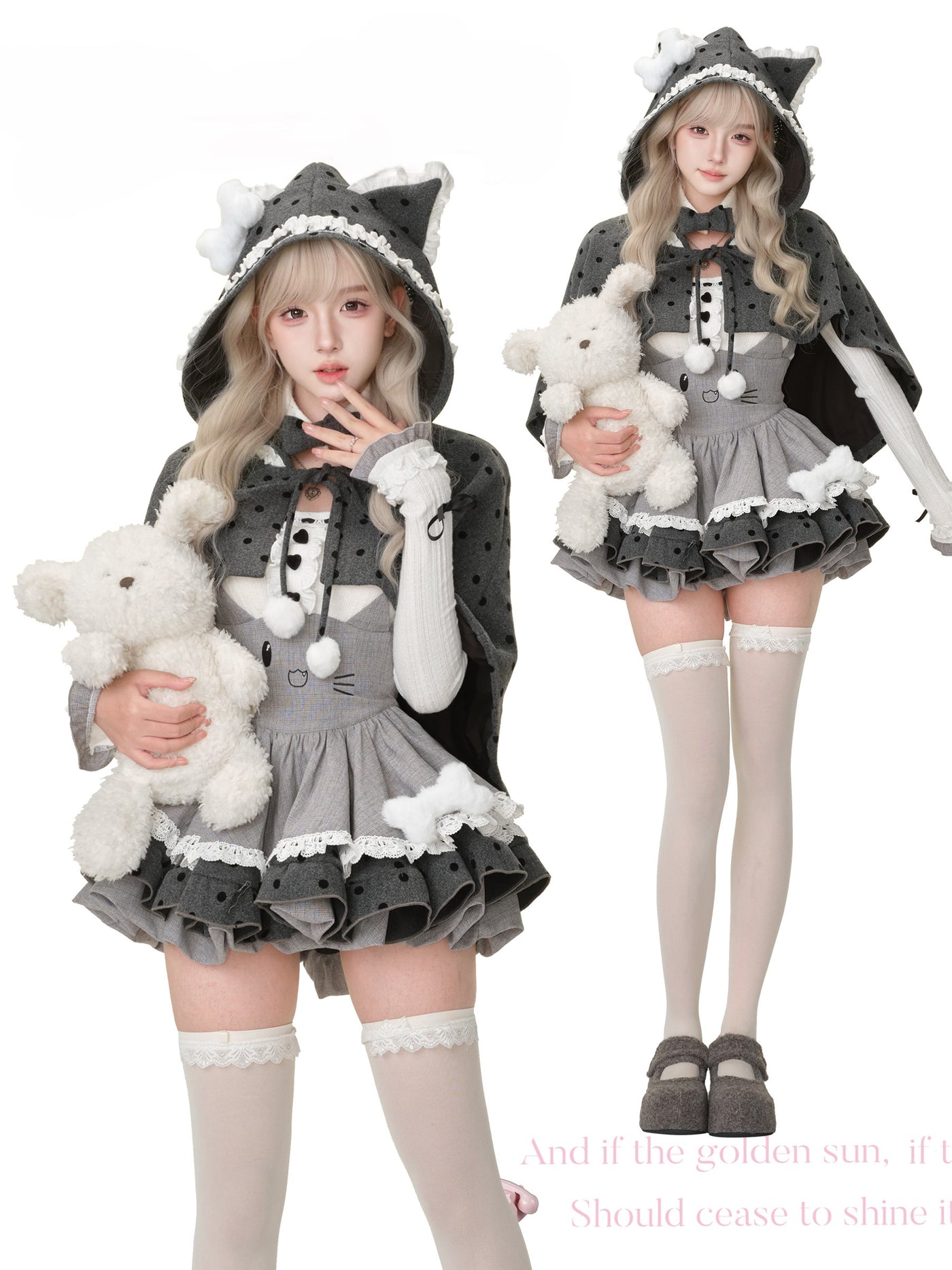 Gray Cat Doll Suspender Skirt/Lace Top/Cape SER0194