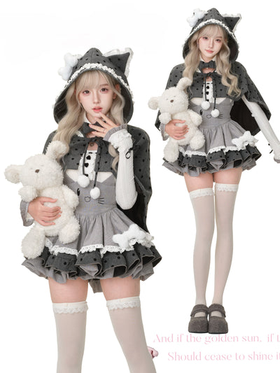 Gray Cat Doll Suspender Skirt/Lace Top/Cape SER0194
