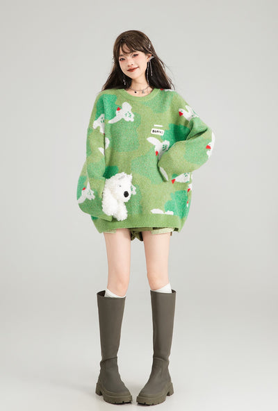 Chick Jacquard Lazy Style Green Sweater KEI0177