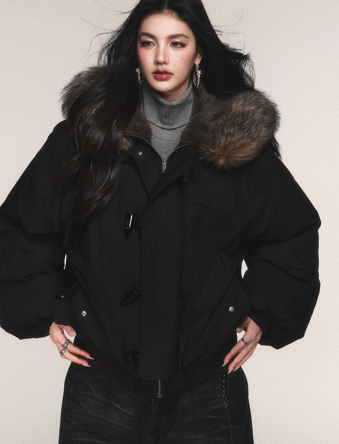 Black Hooded Large Fur Collar Down Jacket LUL0213