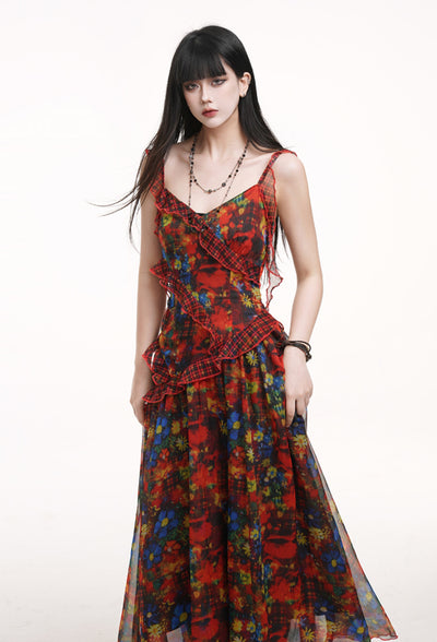 Red Floral Suspender Dress LAD0168