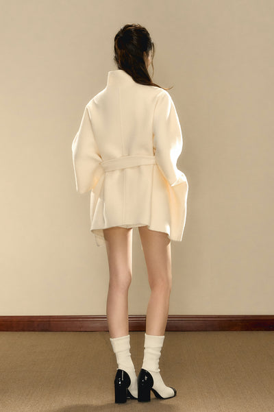 Cream Tweed Gold Button Woolen Cape Coat OSH0102