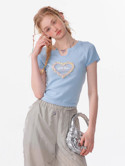 Hollow Three-dimensional Love Rabbit Print Short-sleeved Knit ZIZ0105