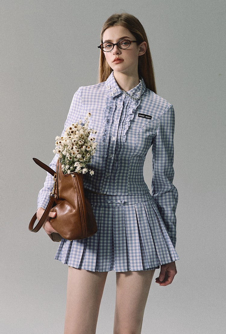 Blue And White Plaid Shirt/Pleated Skirt OAK0215