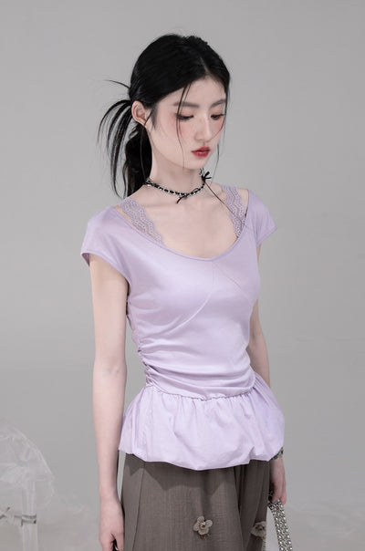 Purple Waist Slim Short Sleeve T-shirt COT0306