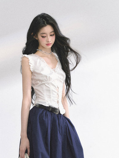 V-neck Lace Small Flying Sleeve Shirt DIA0523