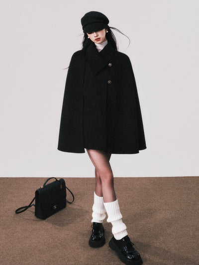 Double-sided Wool Black Wool Shawl Cape Coat LUL0109