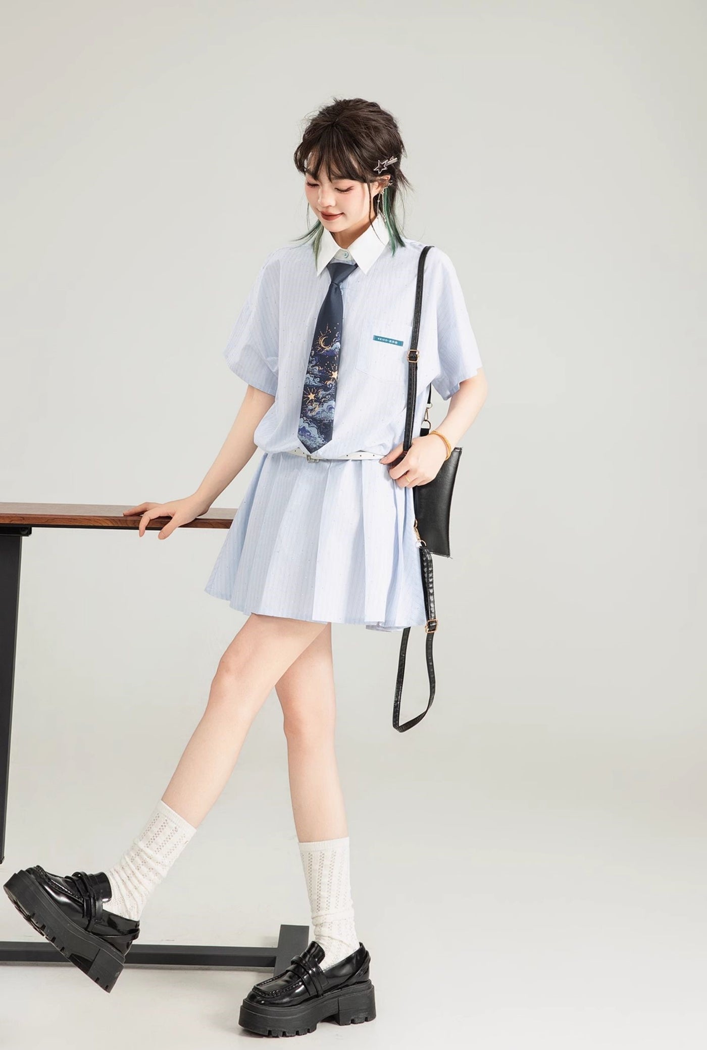 Blue Striped Short-sleeved Pleated Shirt Dress KEI0126