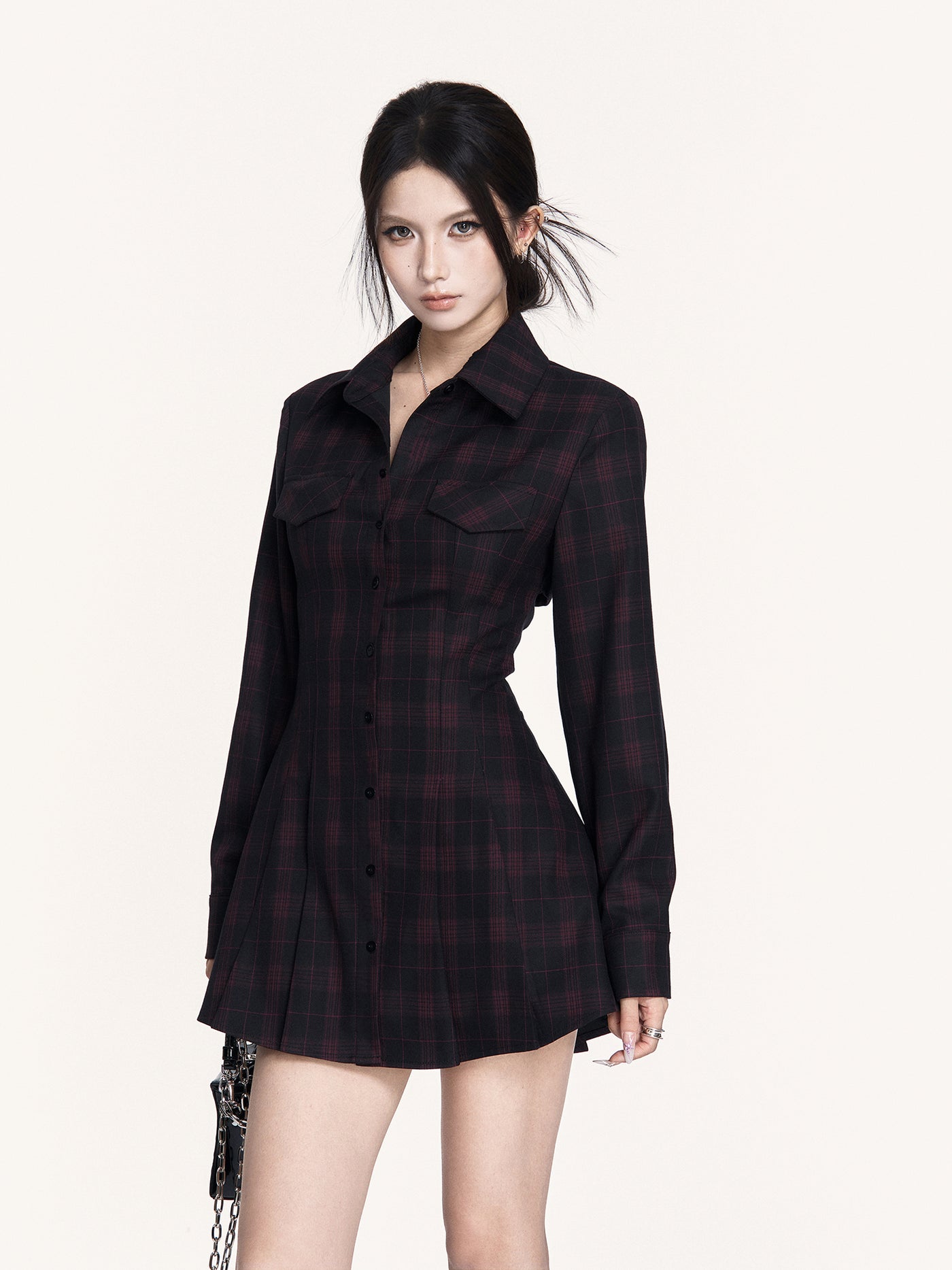 Plaid Open Back Tie Shirt Dress VOC0441
