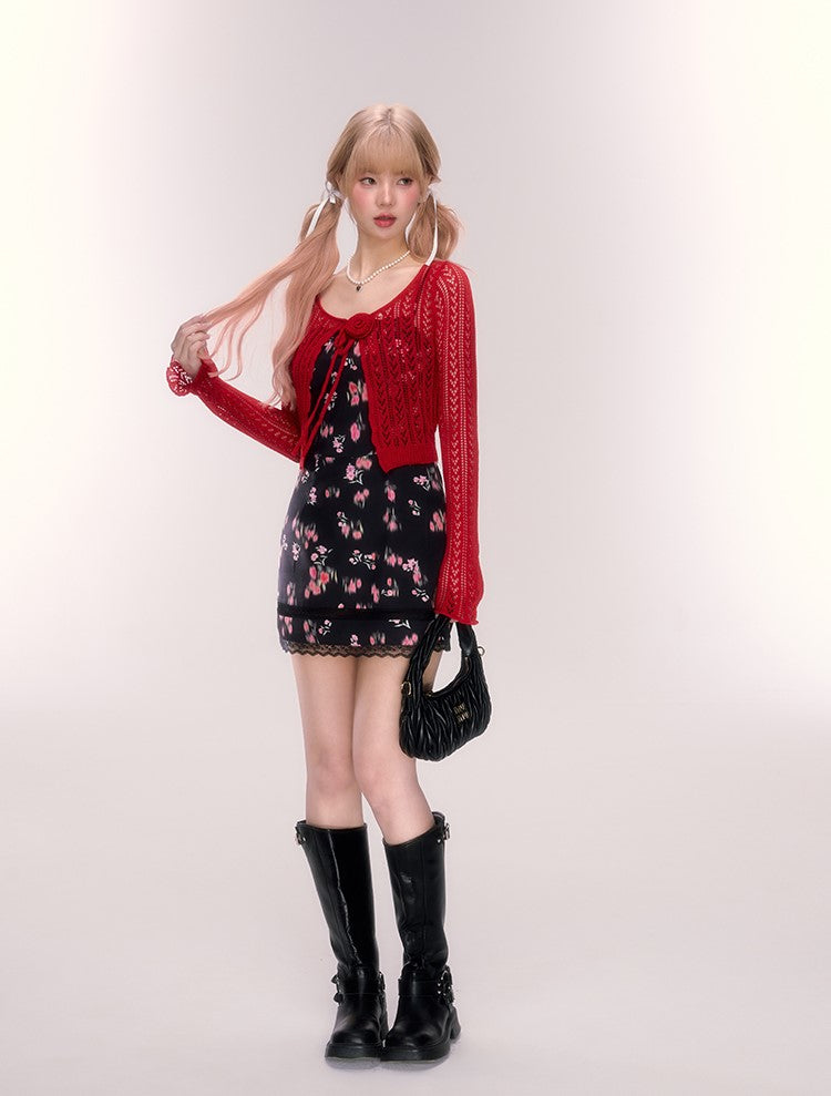 Lace Black Floral Suspender Dress/Red Cardigan QDQ0066