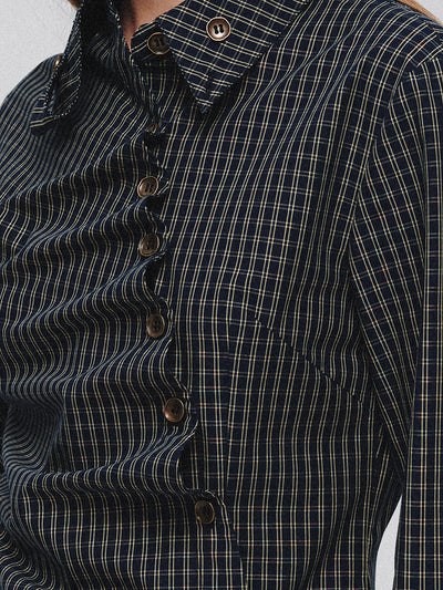 Dark Plaid Irregular Pleated Long-sleeved Shirt LAP0043