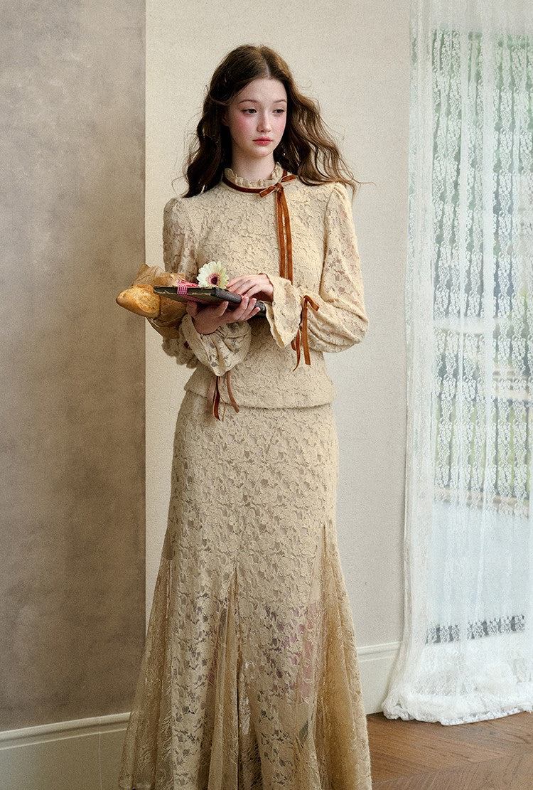 Quiet Forest Tan Brown Fluffy Lace Shirt/Long Skirt GRO0085