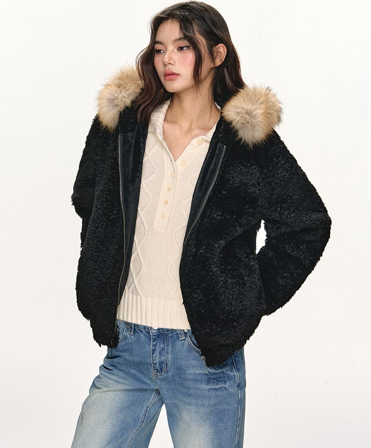 Fur Collar Black Hooded Jacket ANA0108