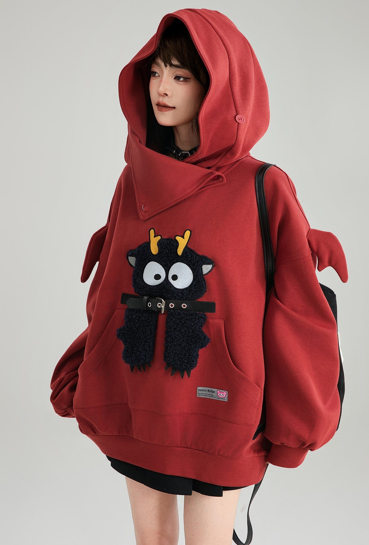 Cartoon Embroidered Lazy Style Loose Hoodie/Black Skirt KEI0179