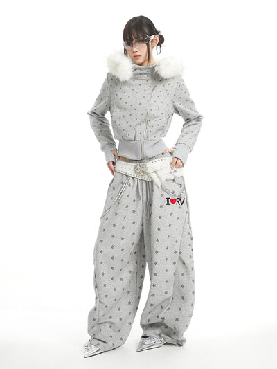 Full Star Design Fur-collar Hooded Jacket UNC0329