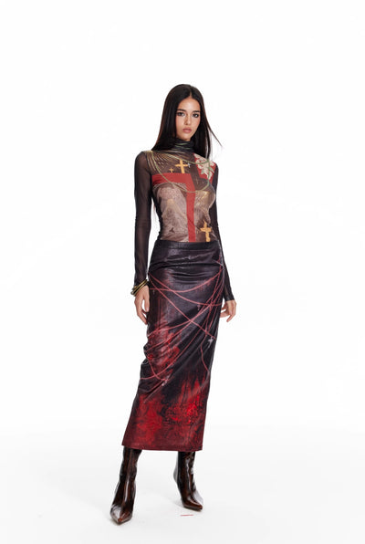 Flame Oil Painting Print Medium-length Straight Skirt 4MU0087