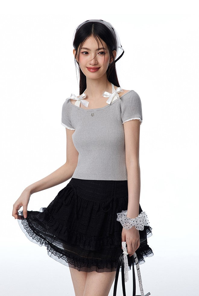 Fake Two-piece Halter Neck Bow Tie Knit/Tulle Skirt NTO0107